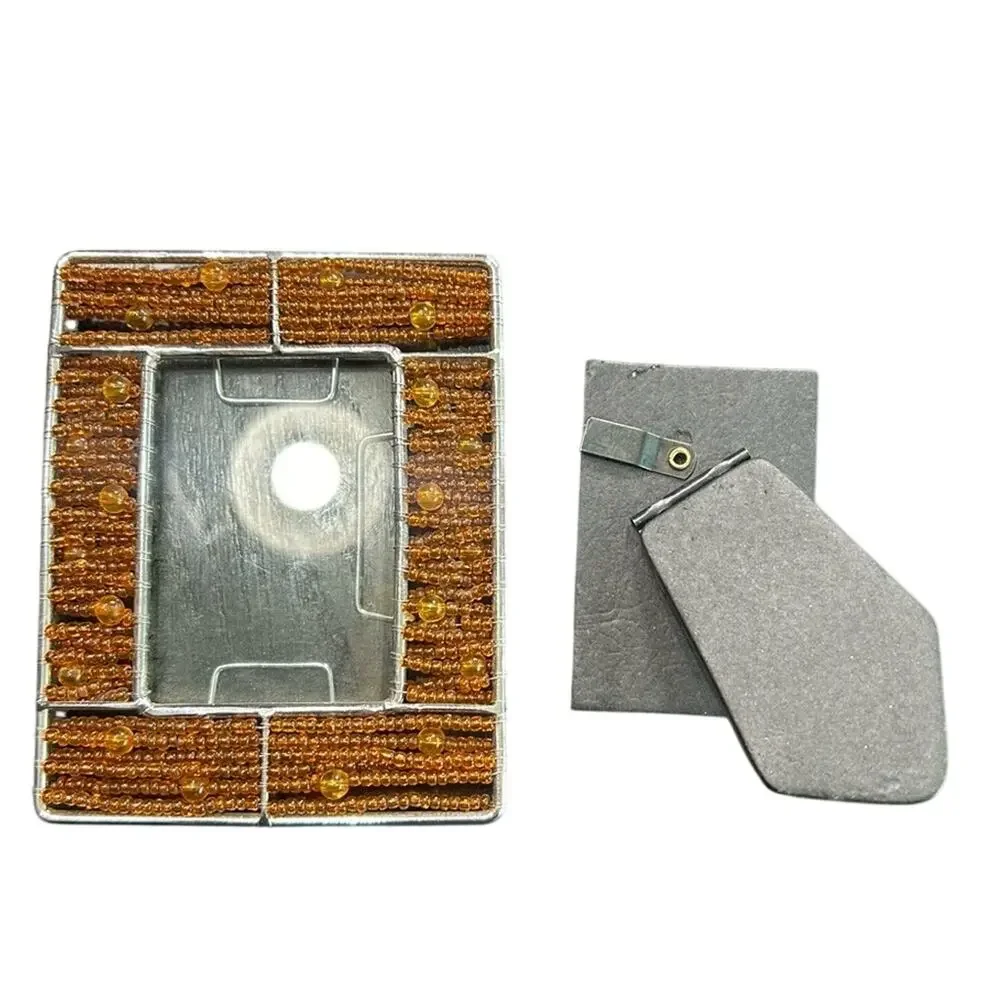 Beaded med brown Silver mini Photo Frame- glass insert- 5x4” whimsical 90s